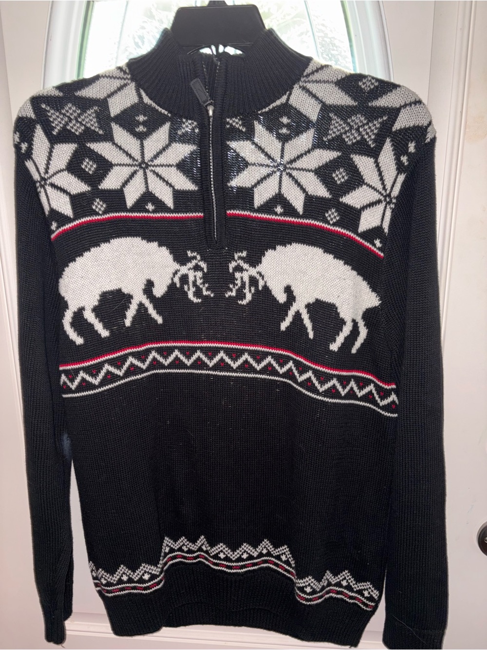 Chaps Nordic fair isle Wild Boar quarter zip sweater size Med black 100%cotton